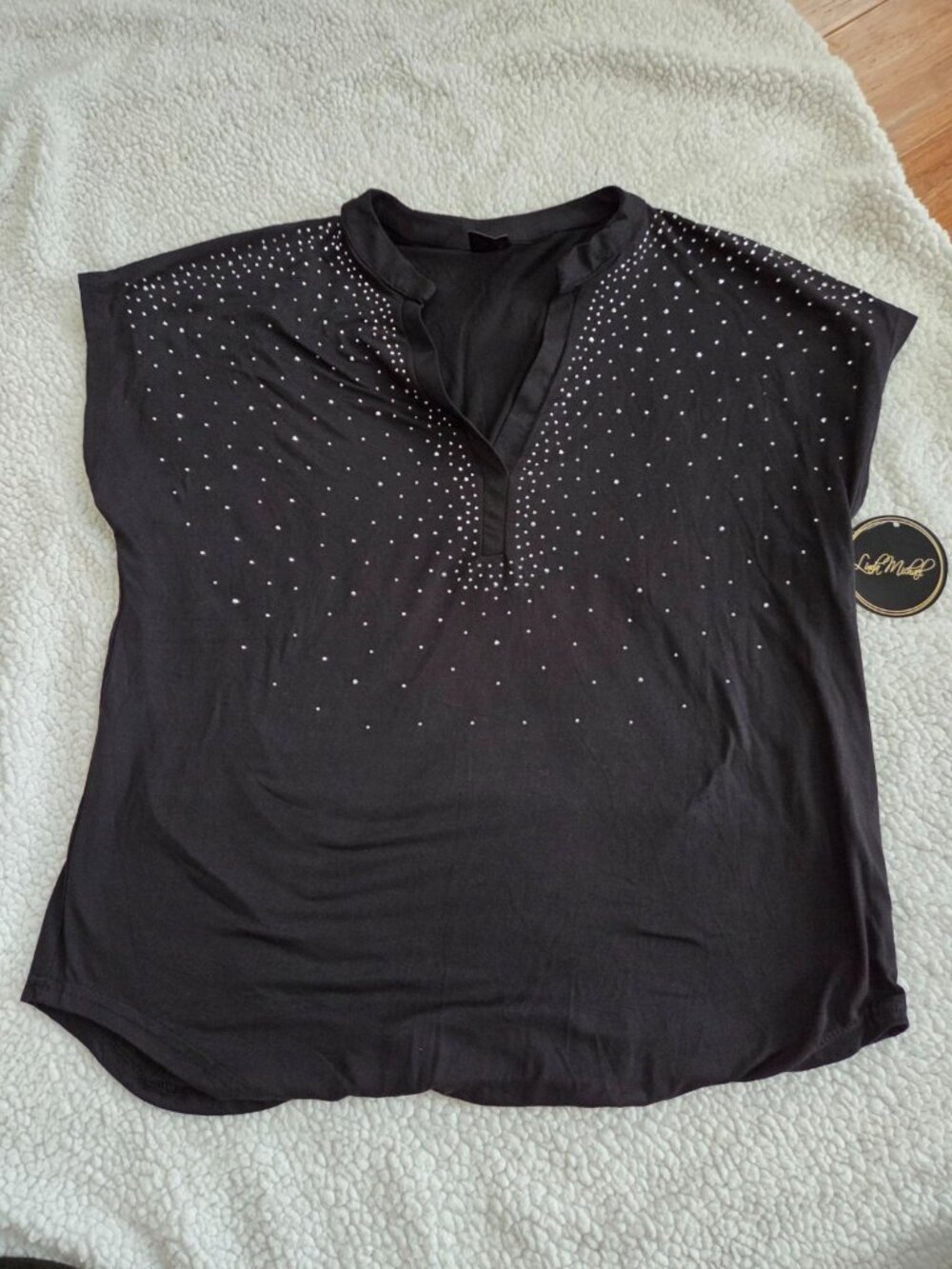 Lisa Michael XL Black Rhinestone Embellished Blouse NWT